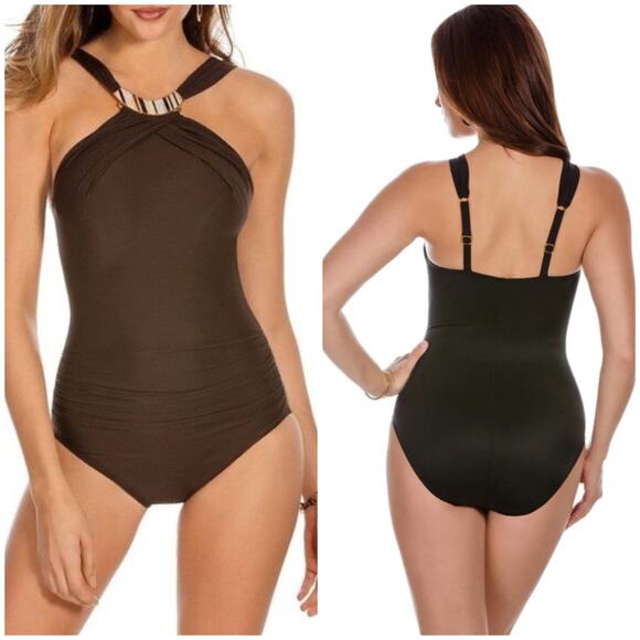 Miraclesuit NWT Brown Bijoux High Neck One Piece Swimsuit Size 12 Bra Top - Picture 1 of 13